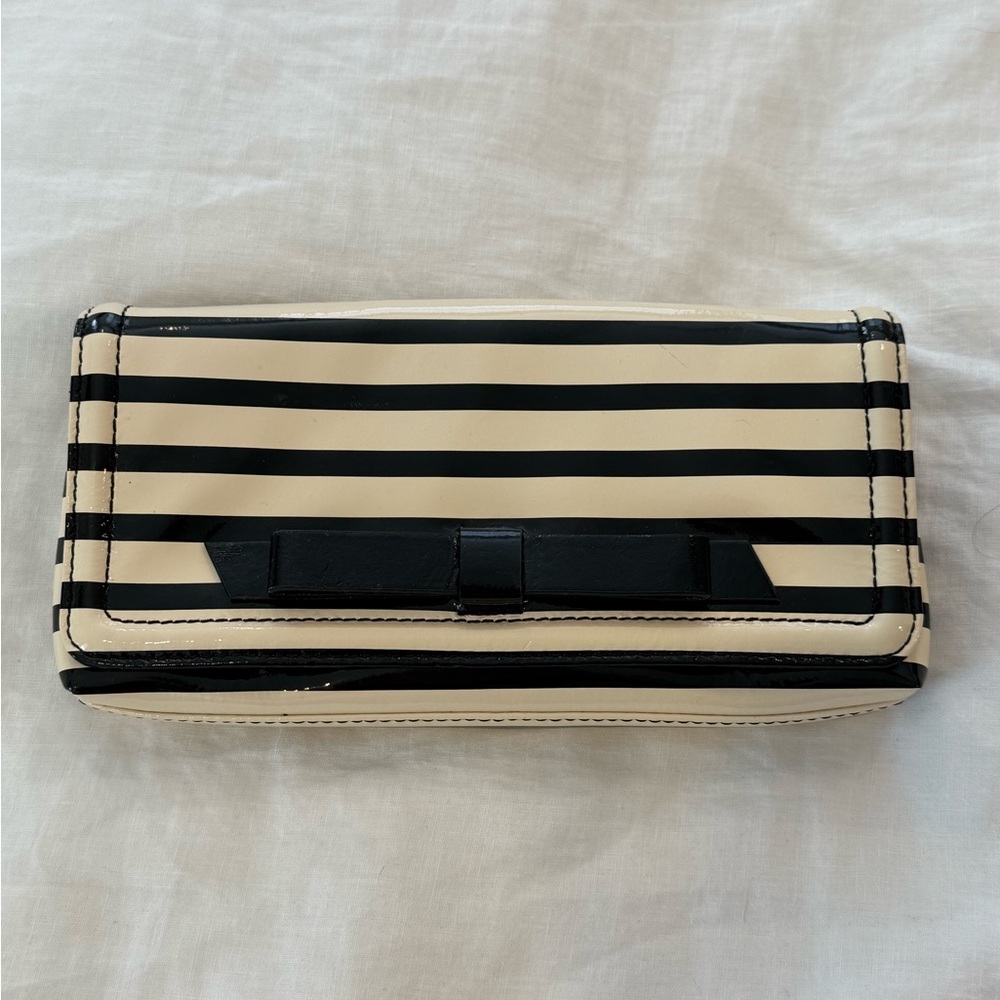 Kate Spade Black & White Stripe Bow Clutch – Magnetic Closure + Card Slots